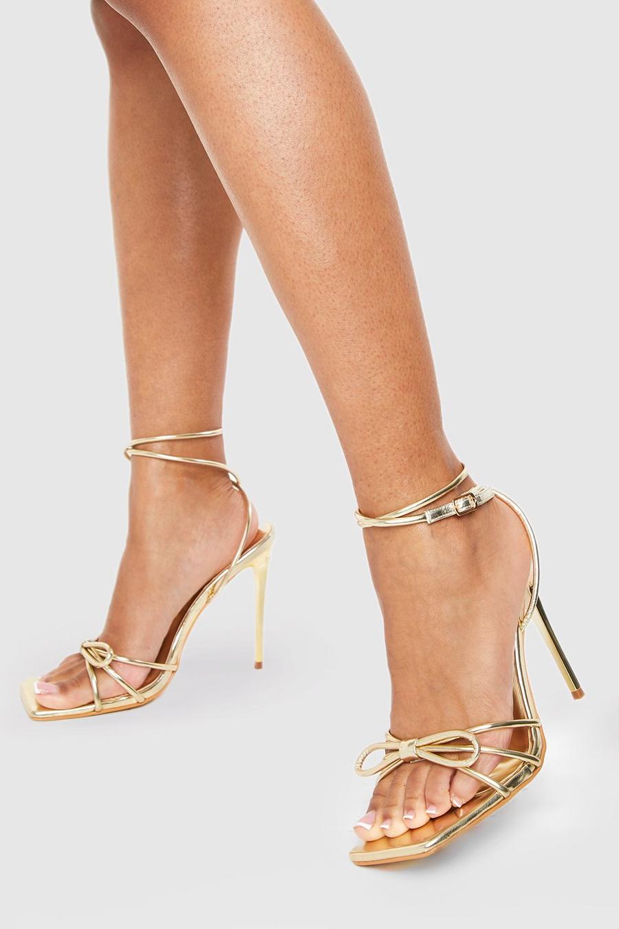 Sandales métallisées à talon aiguille et nœud - Pointure large, Gold