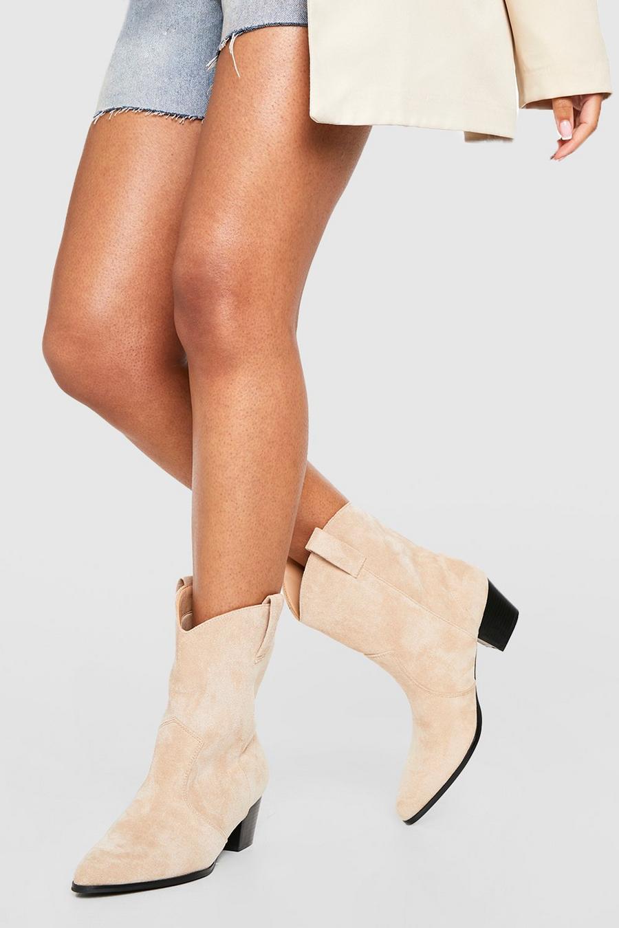 Beige Basic Tab Detail Western Cowboy Ankle Boots 