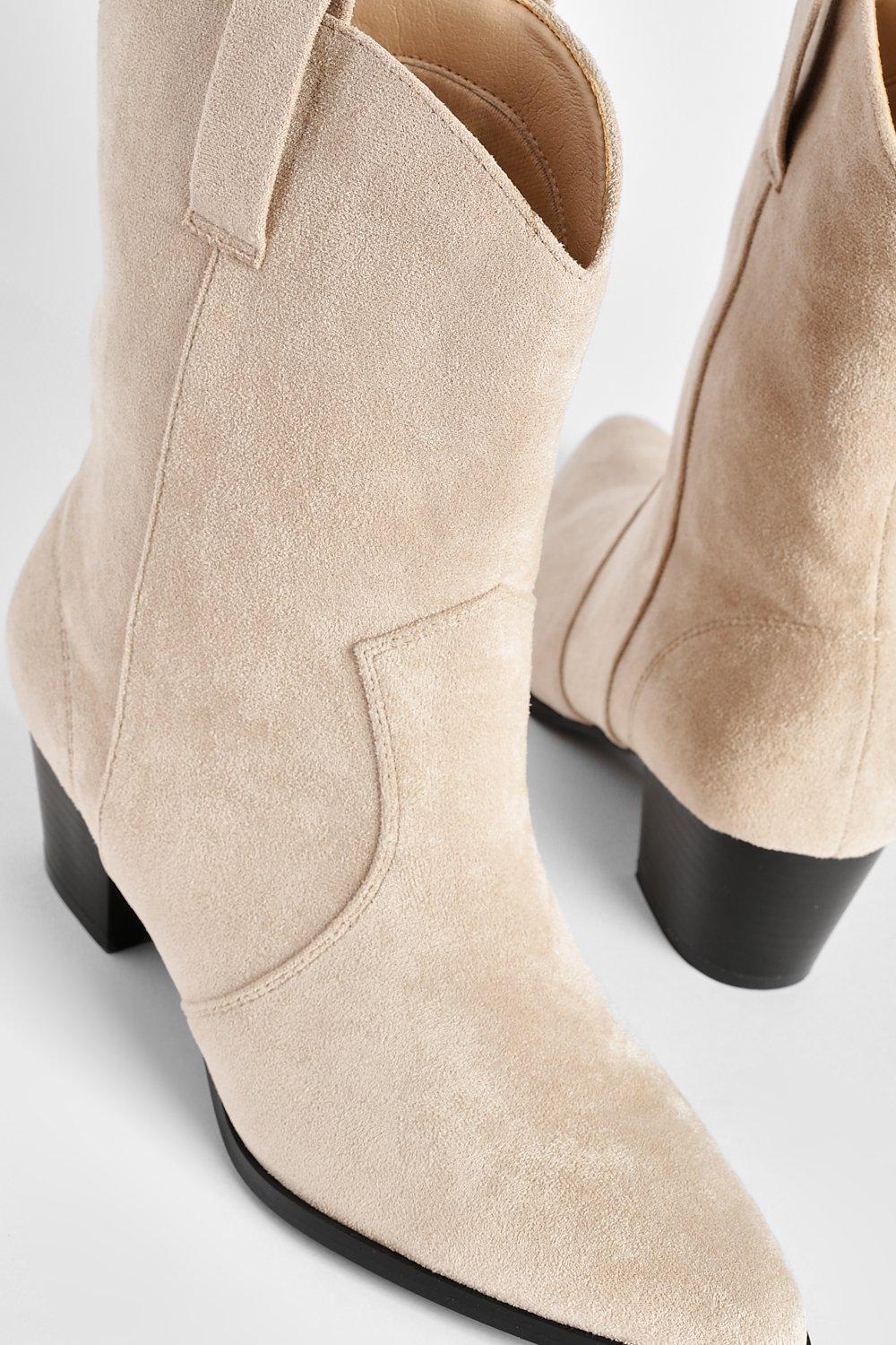 Boohoo Women s Faux Suede Tab Detail Western Cowboy Ankle Boots Beige