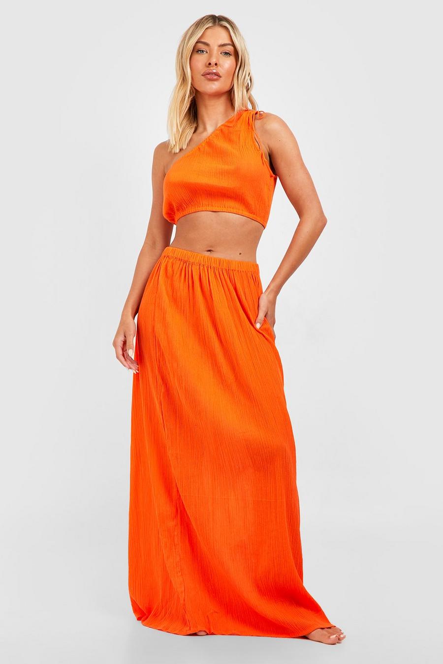 Orange Cheesecloth One Shoulder Crop Maxi Skirt Beach Coord image number 1