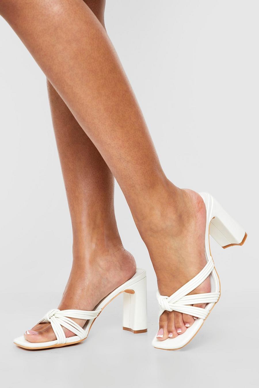 White Wide Width Strappy Knot Detail Heeled Mules image number 1