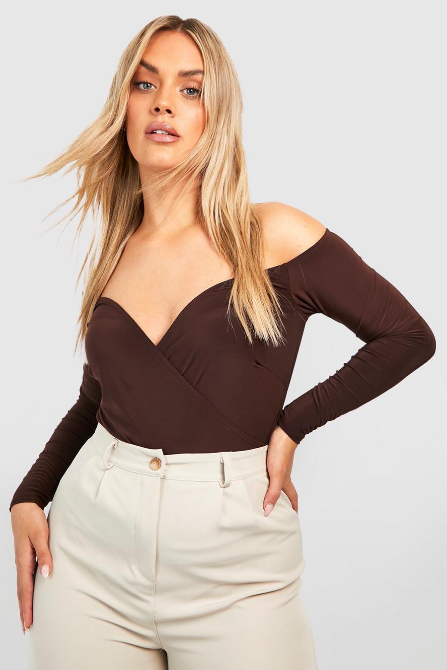 Chocolate Plus Wrap Off The Shoulder Slinky Top image number 1