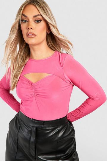 Plus Ruched Detail Keyhole Top hot pink