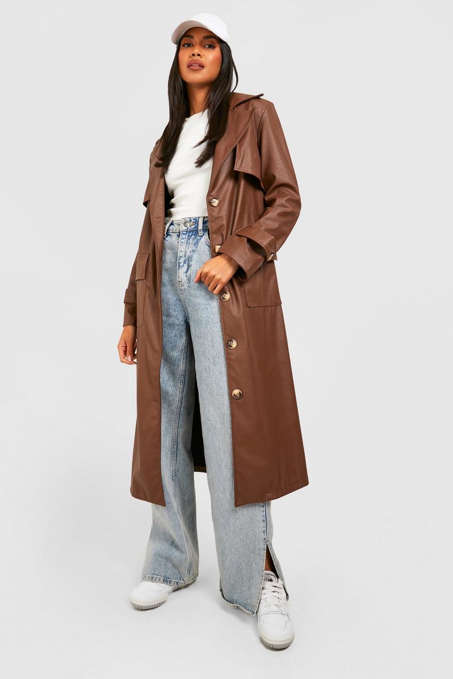Chocolate Faux Leather Trench Coat image number 1