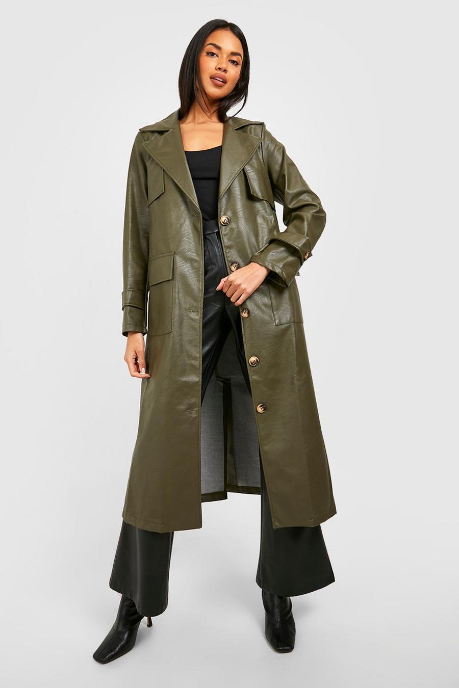 Khaki Faux Leather Trench Coat image number 1