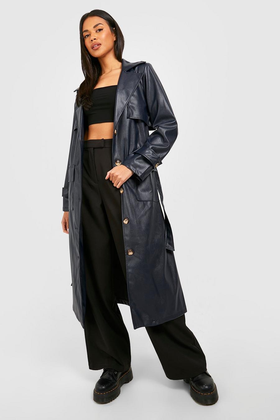 Navy Faux Leather Trench Coat image number 1