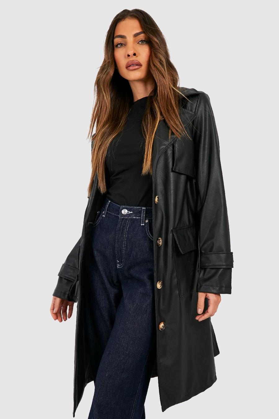 Black Short Faux Leather Trench Coat