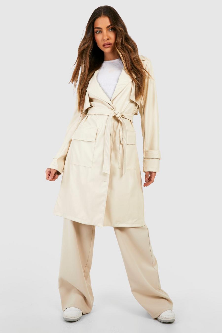 Ecru white Short Faux Leather Trench Coat