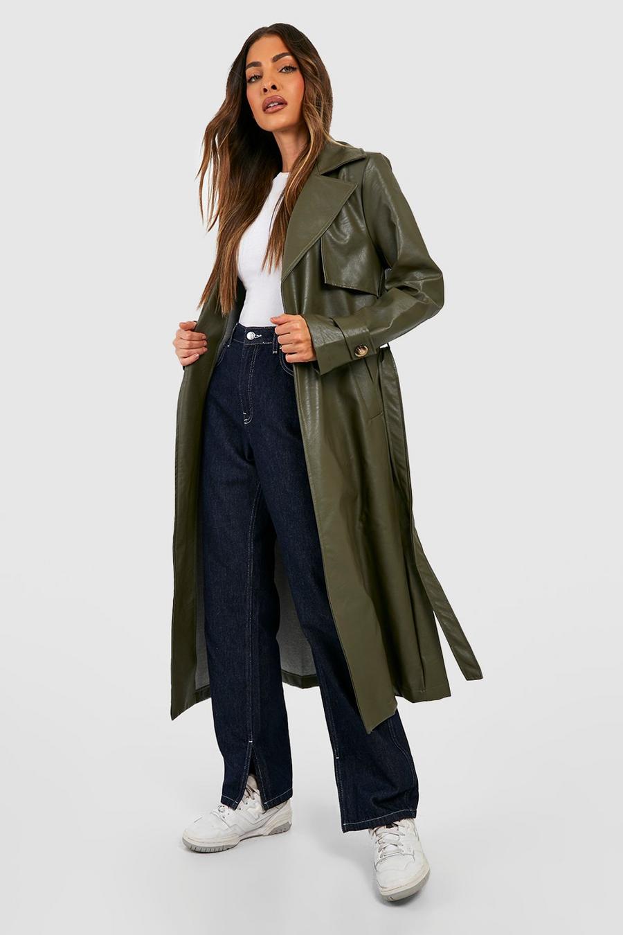Cappotto Trench in pelle sintetica, Khaki image number 1