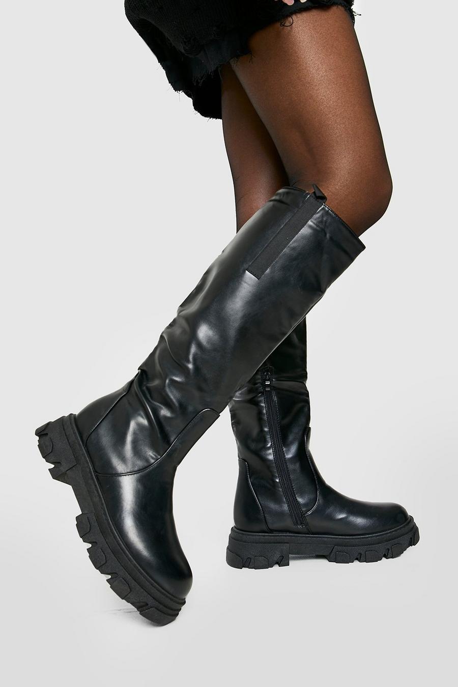 Black noir Pu Knee High Chunky Chelsea Boots 