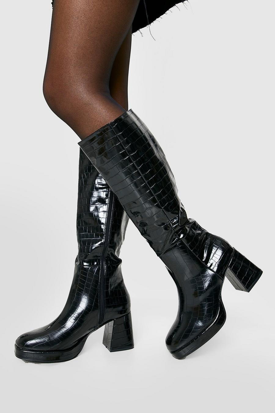 Black Croc Block Heel Knee High Boots