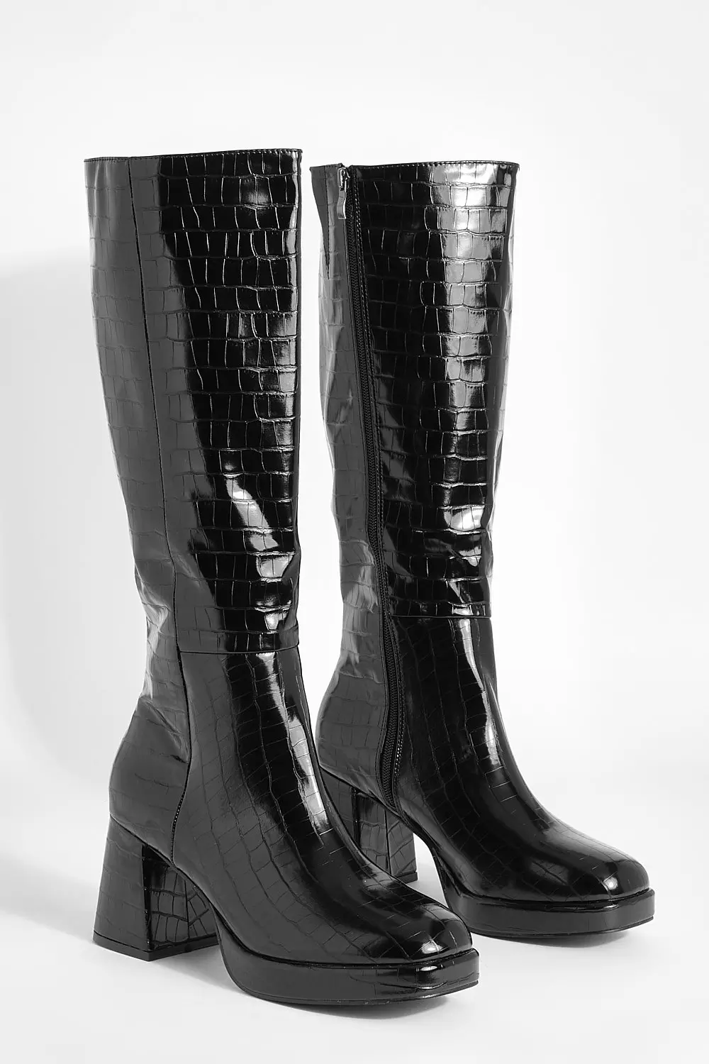Black Croc Block Heel Knee High Boots   alternative image