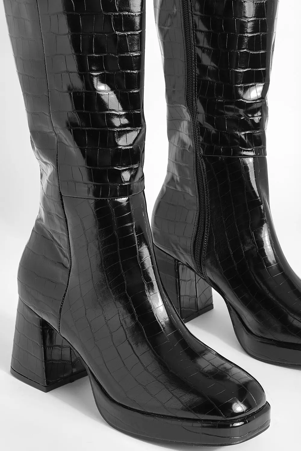 Black Croc Block Heel Knee High Boots   alternative image