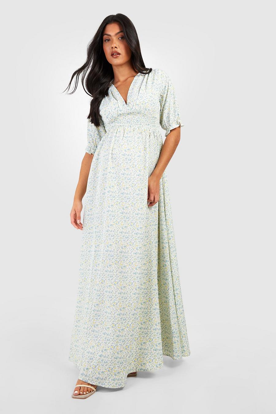 Blue Maternity Floral Puff Sleeve Maxi Dress image number 1