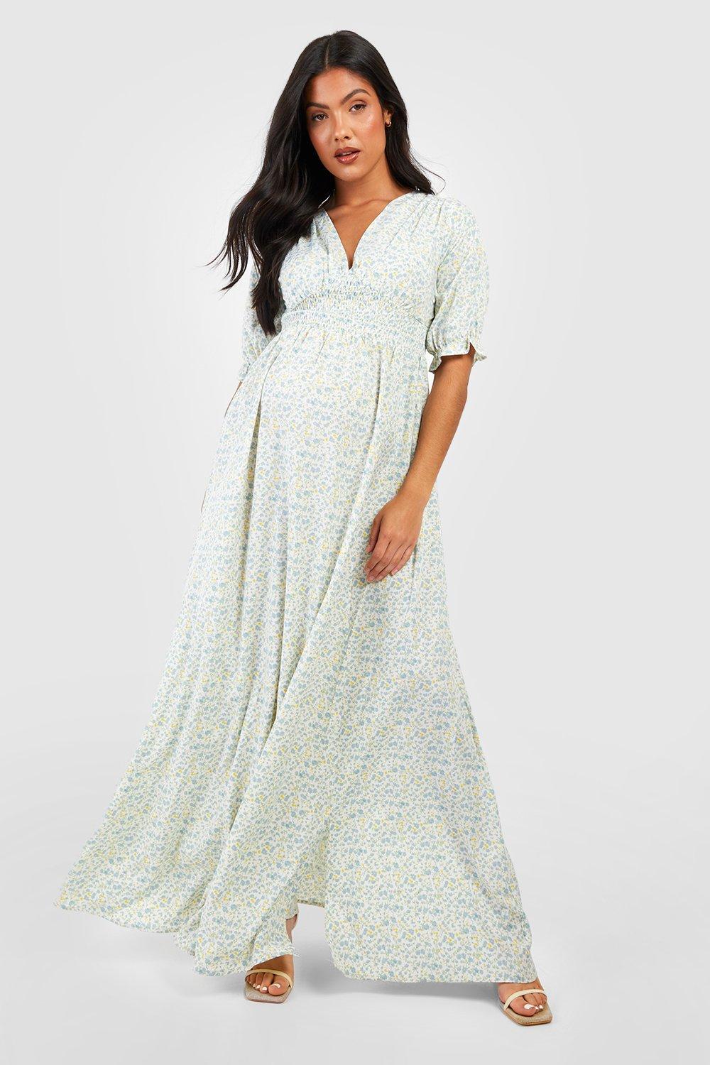 Maternity Occasion Floral Puff Sleeve Maxi Dress