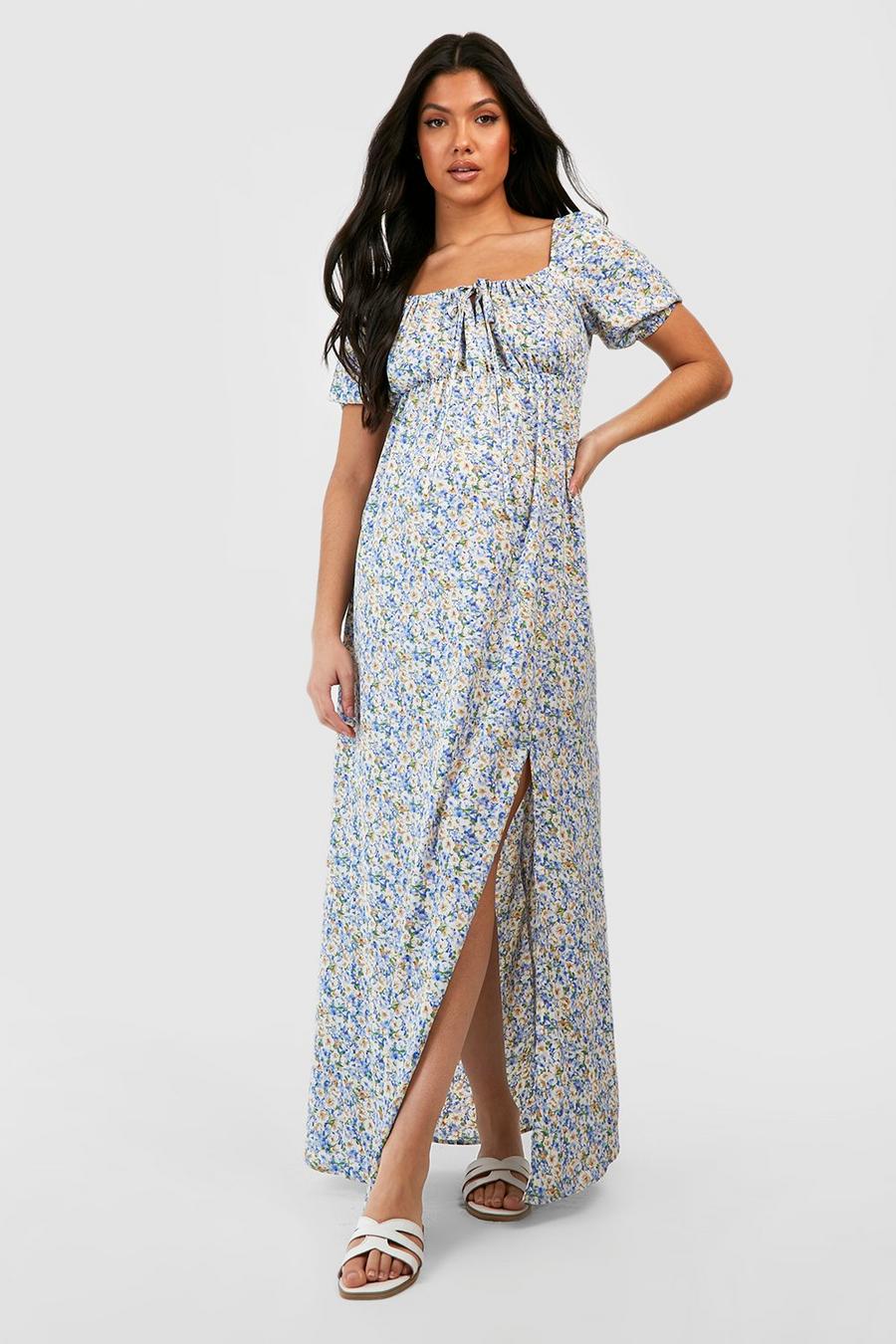 Blue Maternity Floral Tie Front Maxi Dress image number 1