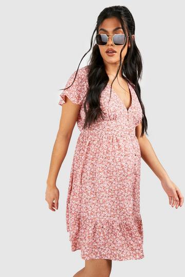 Rose Pink Maternity Angel Sleeve Button Down Smock Dress