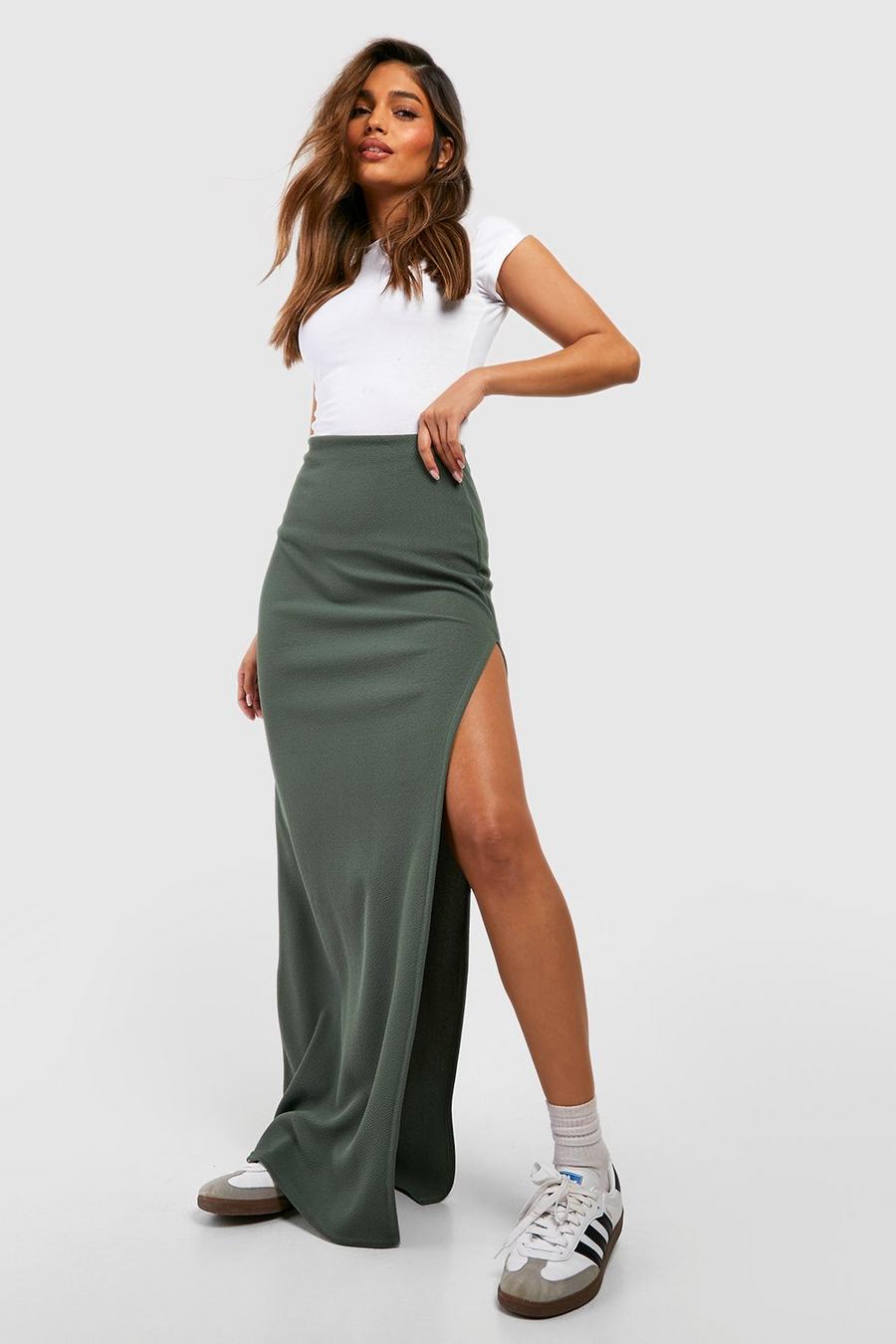Khaki Basic Jersey Thigh Split Maxi Skirt image number 1