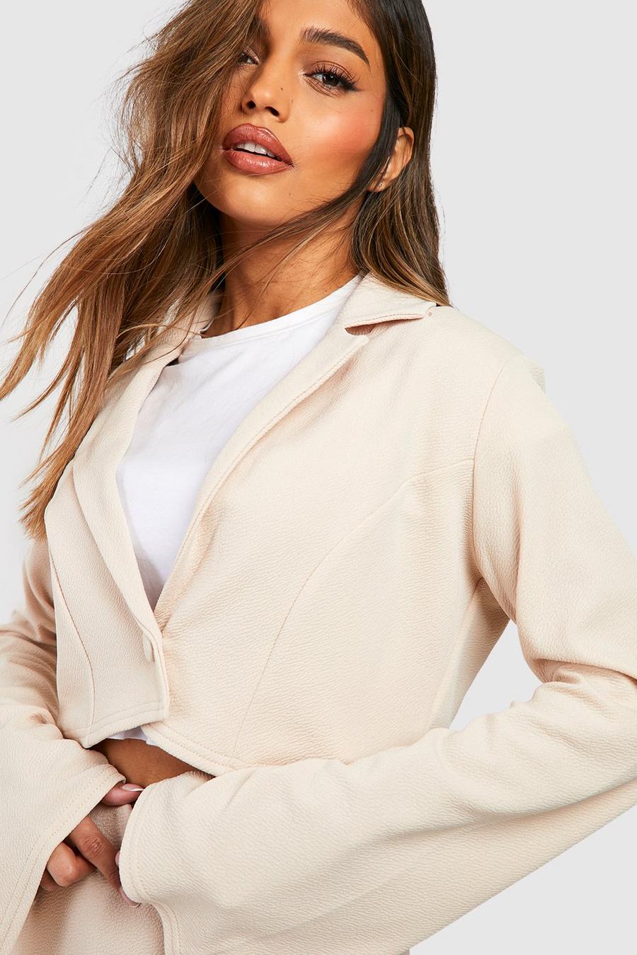 Stone Basic Jersey Button Front Flared Sleeve Cropped Blazer image number 1