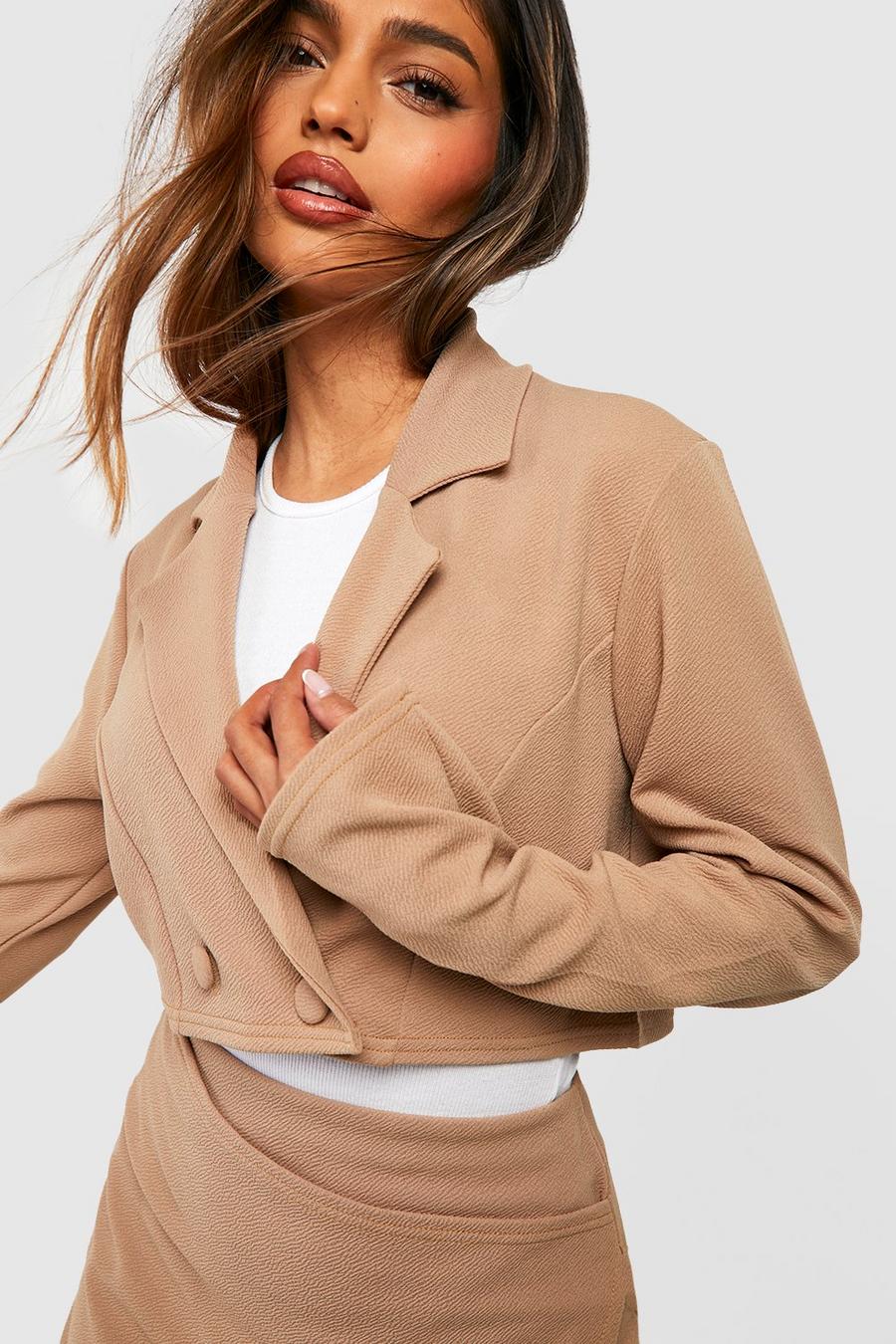 Camel Basic Jersey Double Breasted Cropped Blazer image number 1