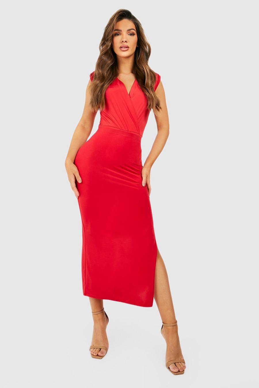 Red Slinky Jersey Knit Split Side Midi Skirt image number 1