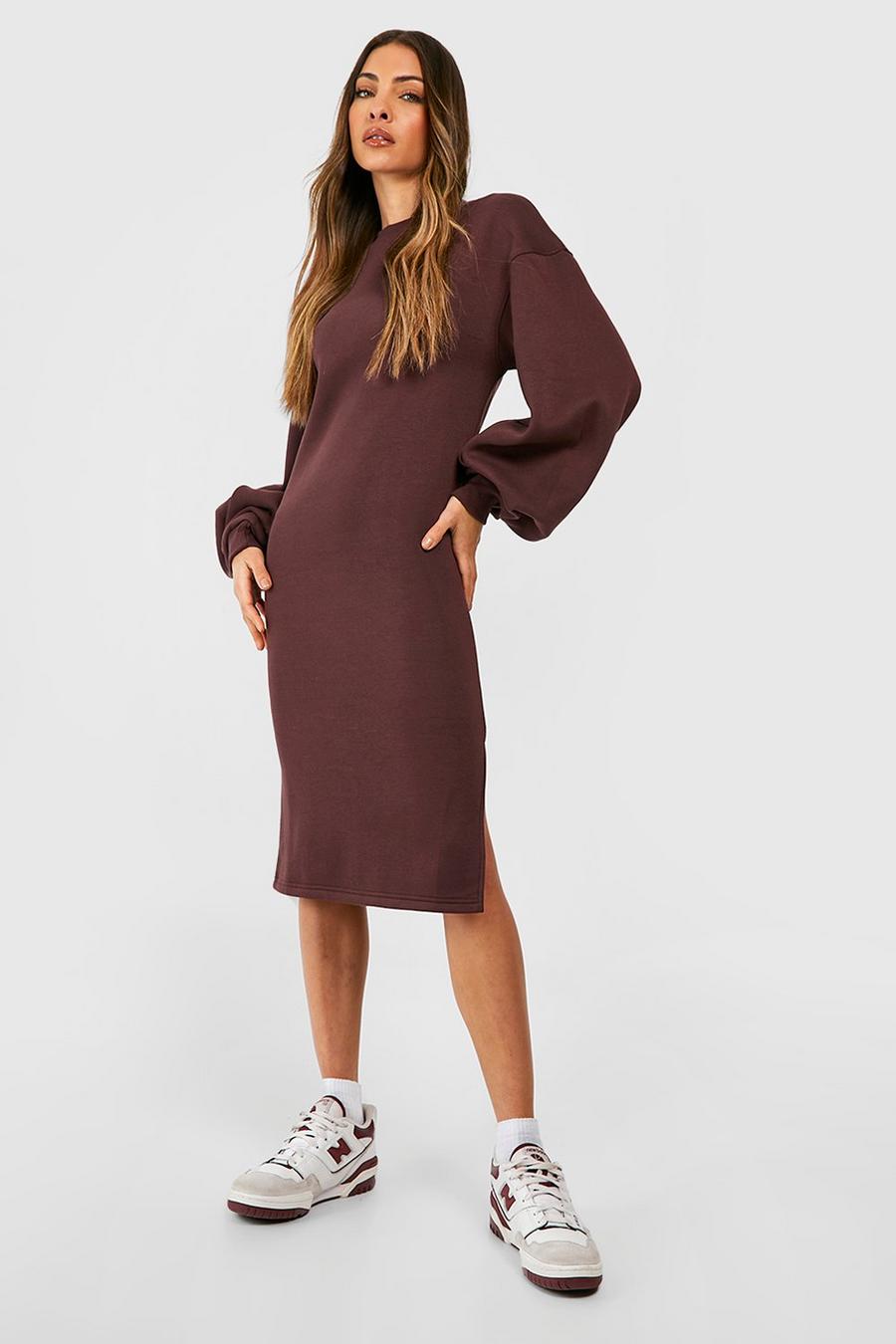 Chocolate brun Oversized Blouson Sleeve Midi Sweat Dress  image number 1
