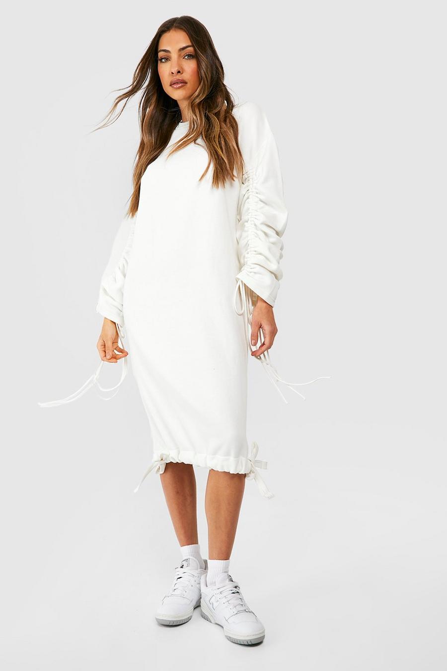 Oversize Sweatshirt-Kleid mit gerafftem Detail, Ecru white