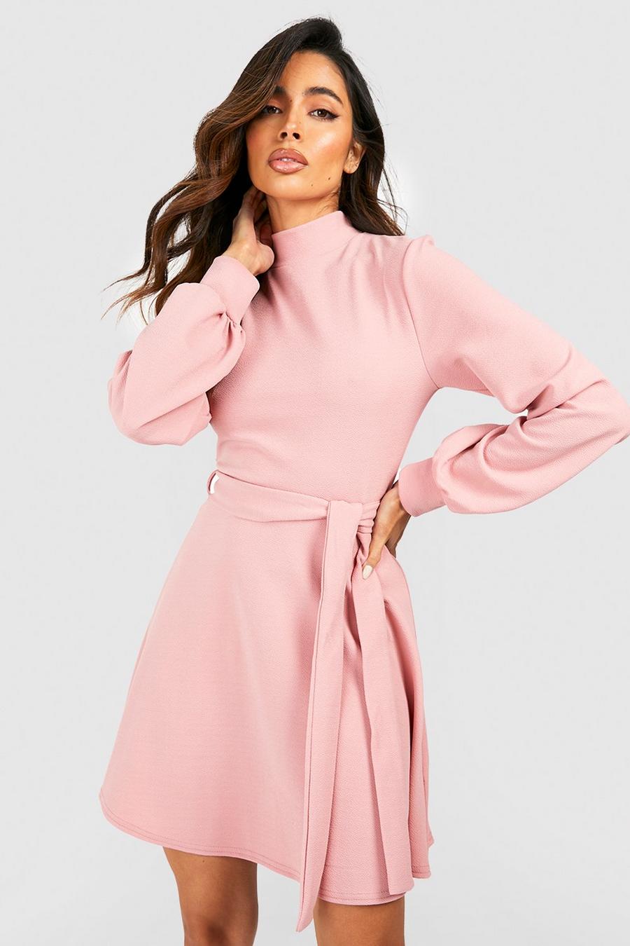 Blush pink High Neck Belted Skater Dress image number 1
