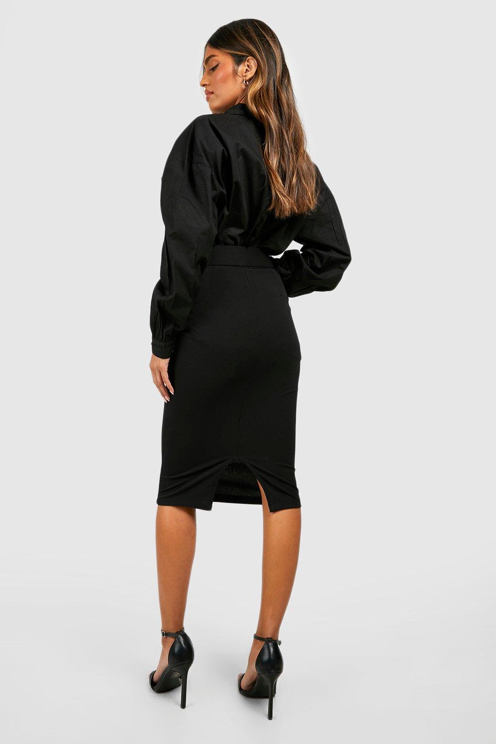 Belted Curved Waist Stretch Midi Skirt | boohoo
