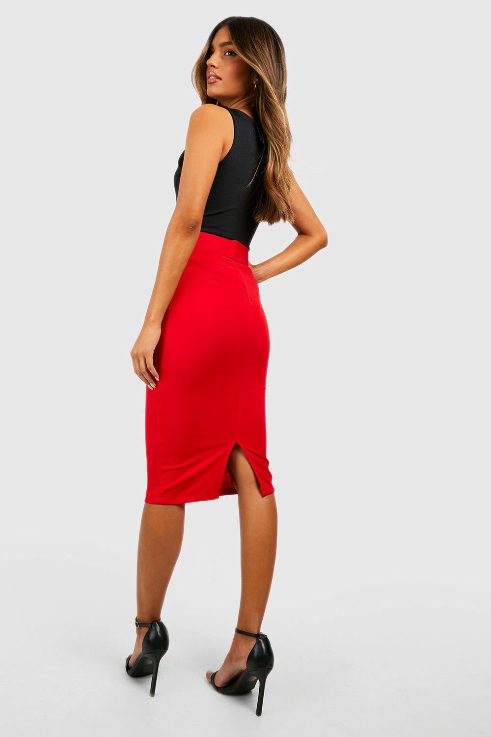 Red midi skirt boohoo top