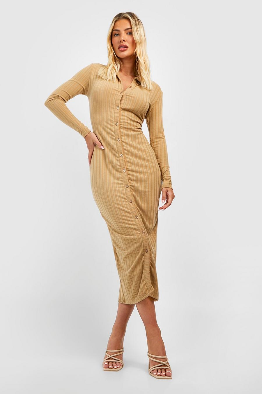 Camel Wide Rib Button Down Midaxi Dress image number 1