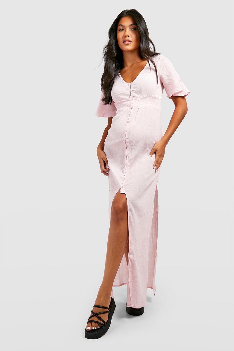 Pink Maternity Shirred Waist Beach Maxi Dress Nero image number 1