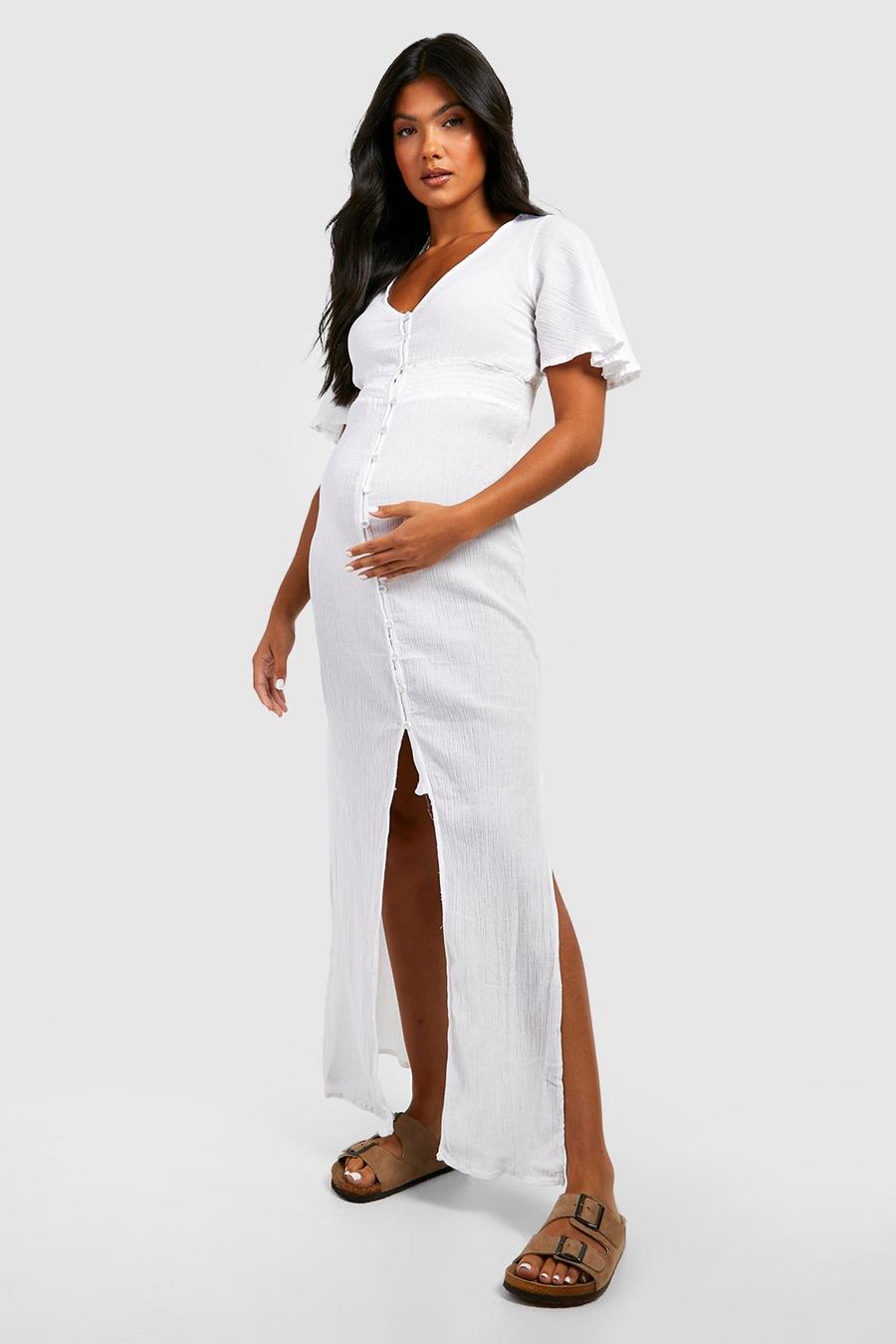 White Maternity Shirred Waist Beach Maxi Dress image number 1