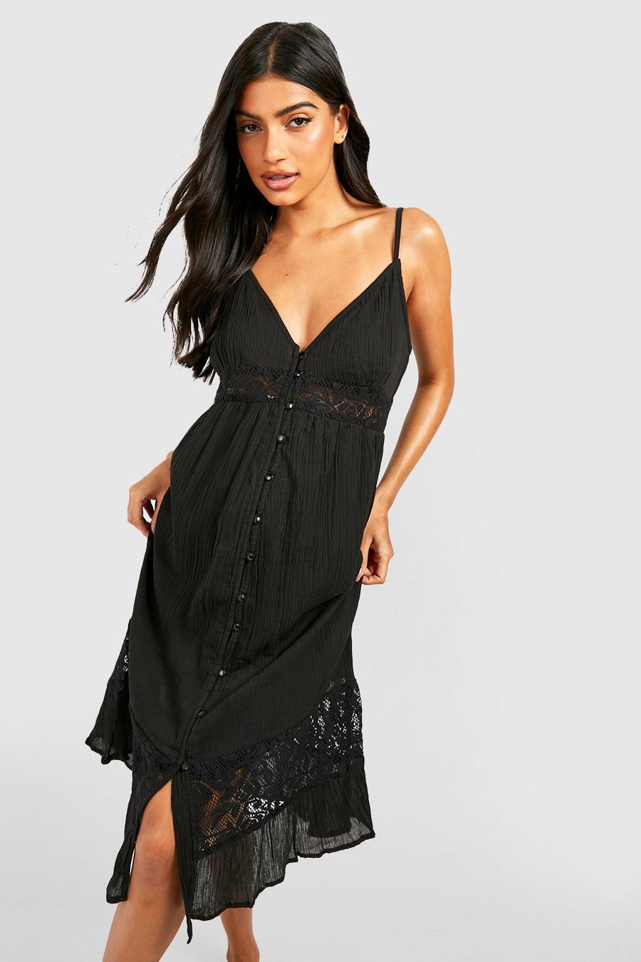 Black Maternity Cheesecloth Crochet Midi Dress