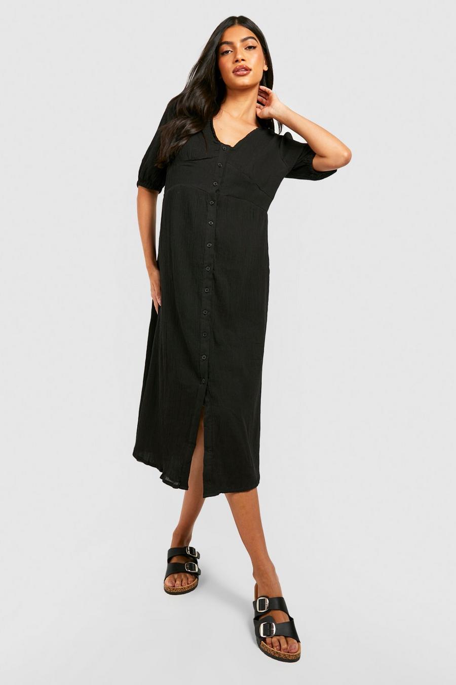 Black Maternity Cheesecloth Button Midi Dress