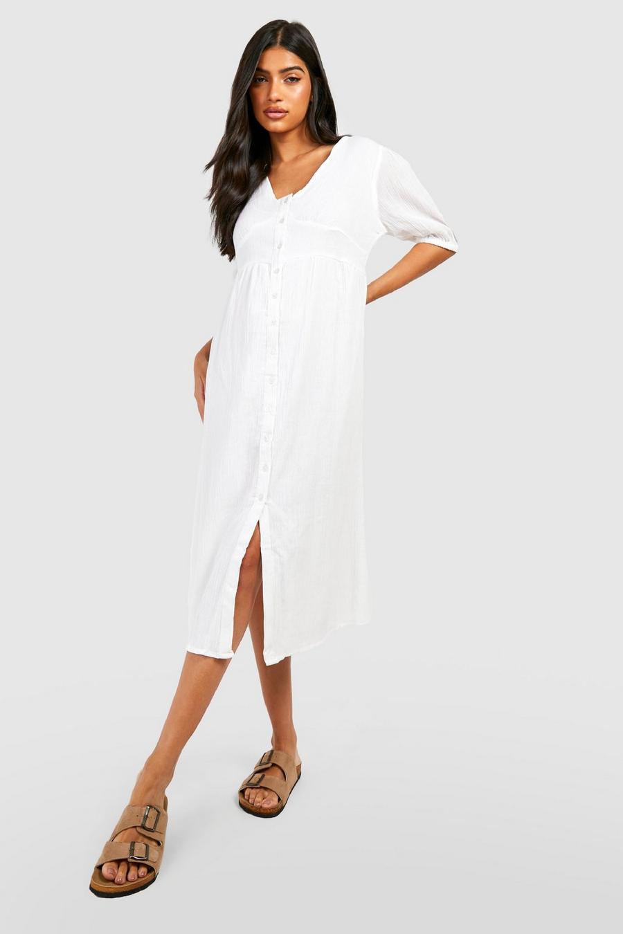 White Maternity Cheesecloth Button Midi Dress