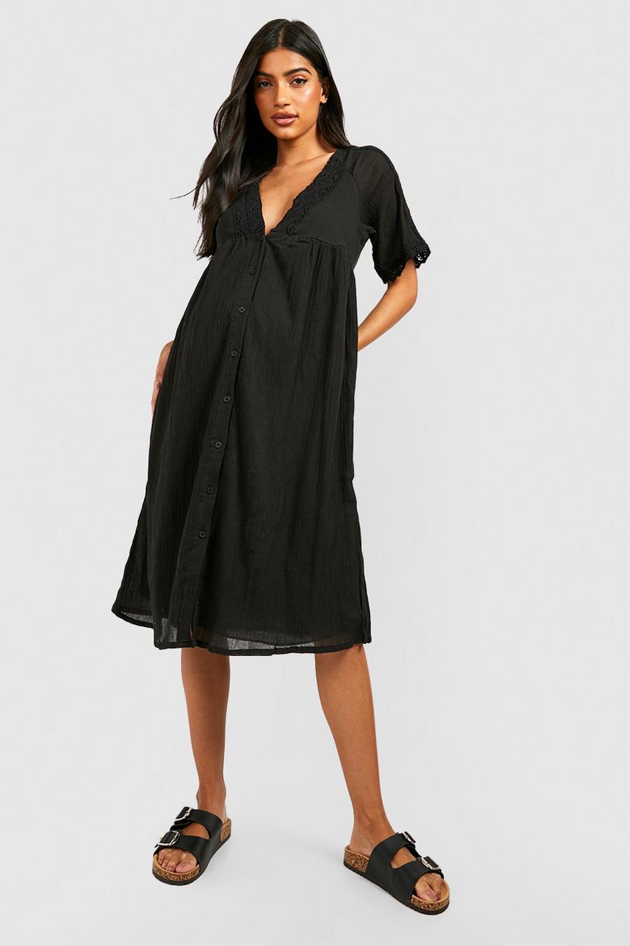 Black Maternity Cheesecloth Crochet Button Midi Dress image number 1