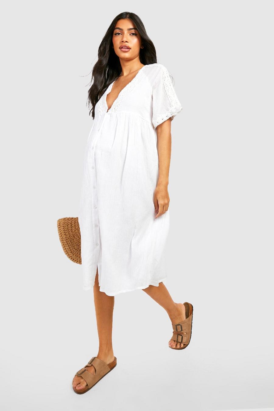 White Maternity Cheesecloth Crochet Button Midi Dress image number 1