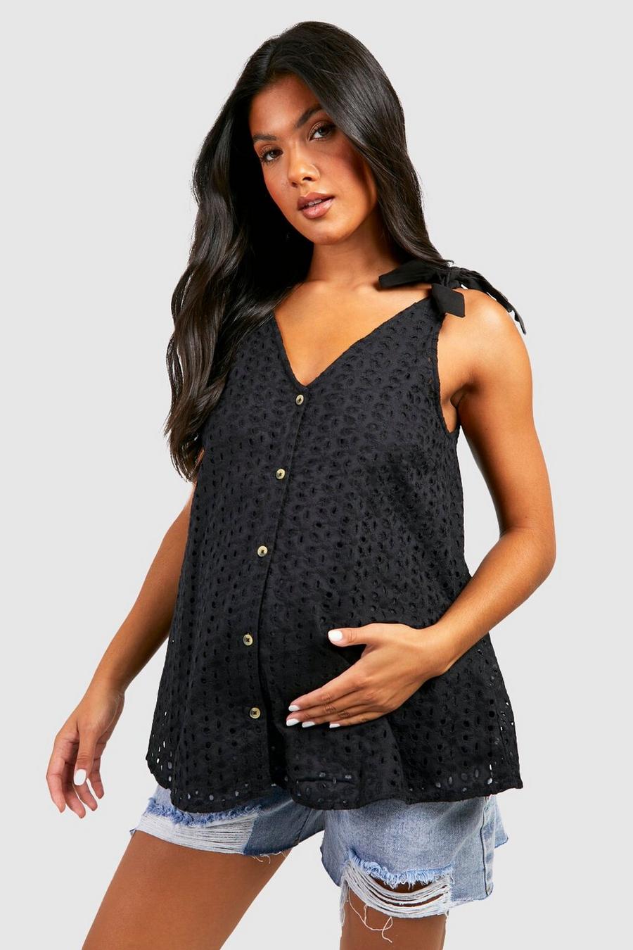 Black Maternity Broderie Tie Vest Top image number 1
