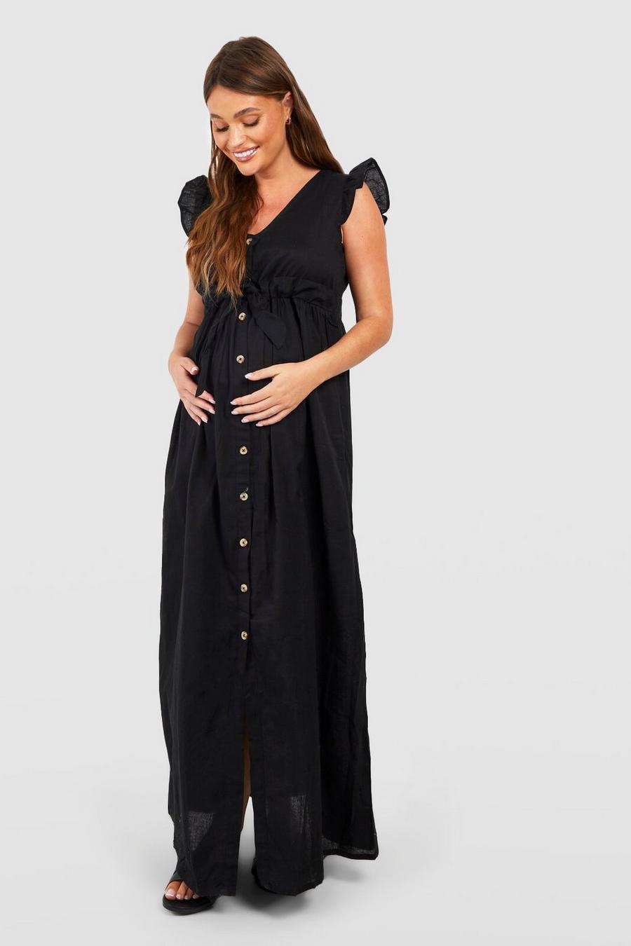 Black Maternity Cotton Button Down Maxi Dress