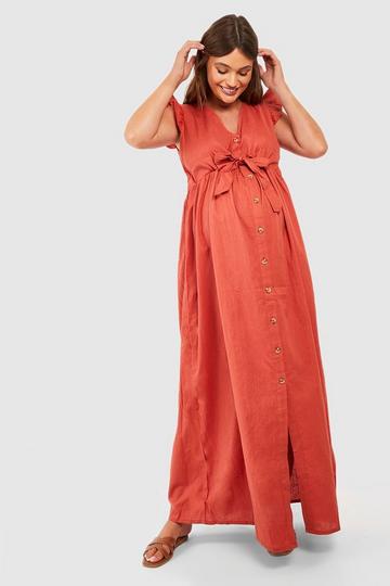 Terracotta Orange Maternity Cotton Button Down Maxi Dress
