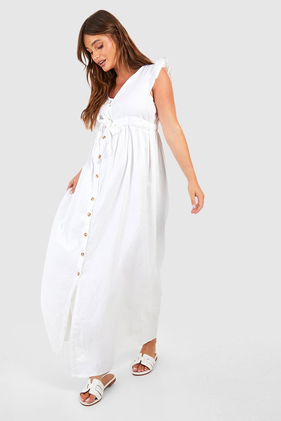 White Maternity Cotton Button Down Maxi Dress image number 1