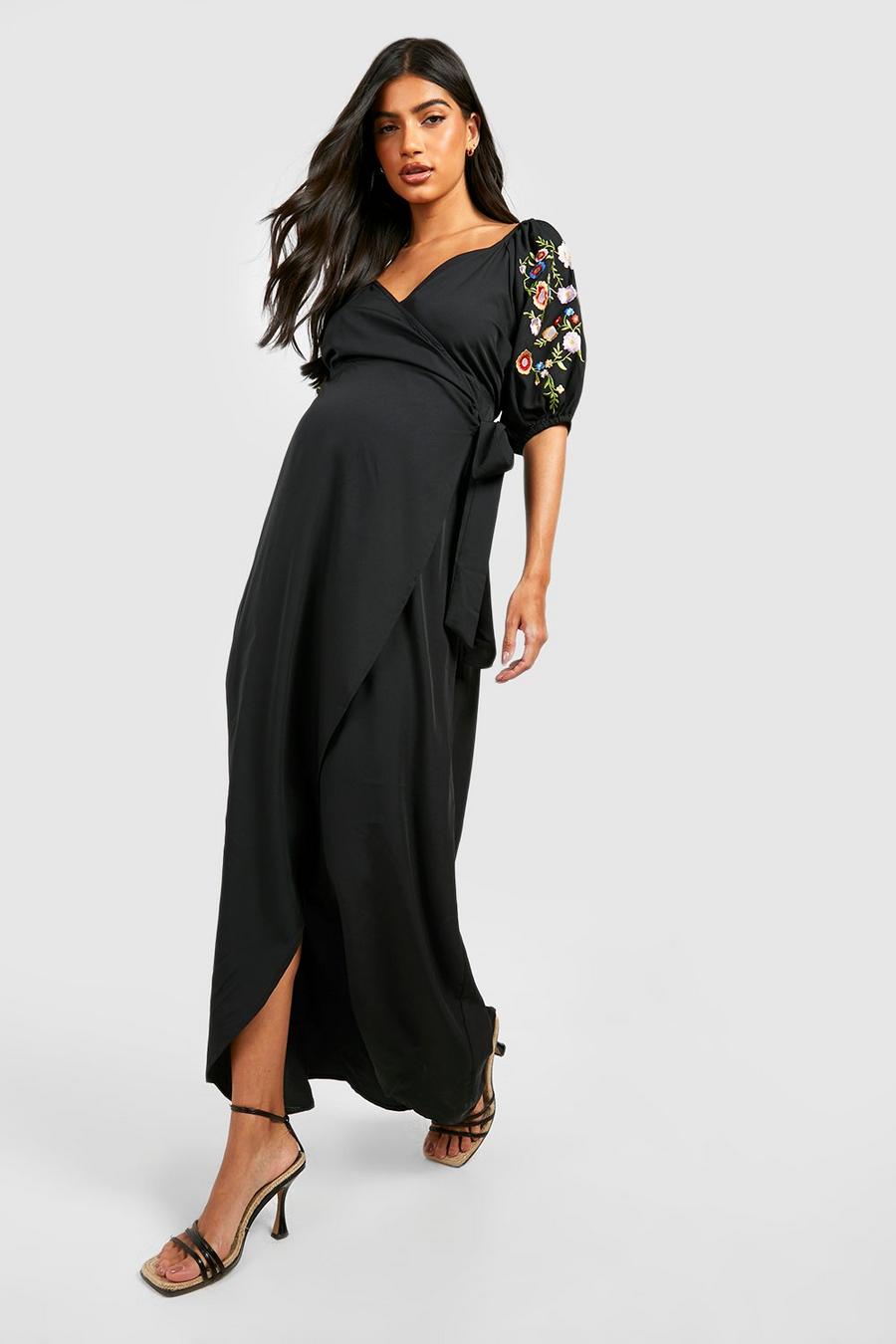 Black Maternity Floral Embroidered Wrap Maxi Dress image number 1