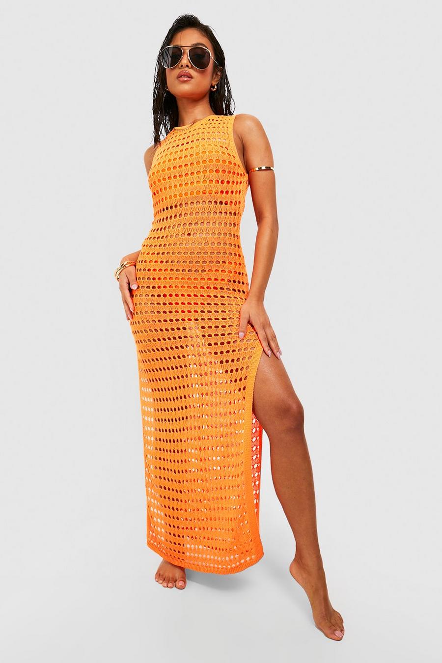 Orange Petite Crochet Maxi Beach Dress image number 1