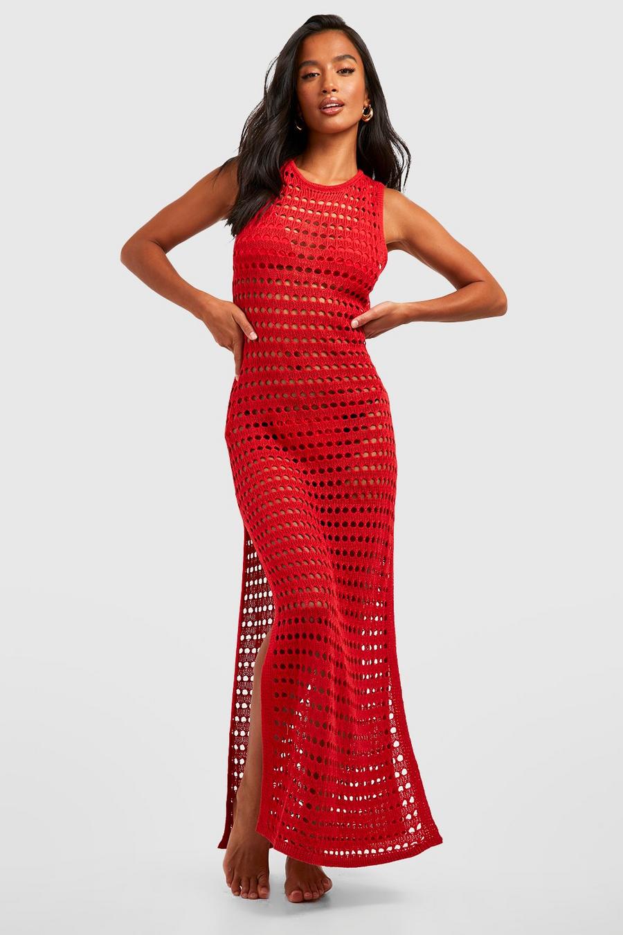 Red Petite Crochet Maxi Beach Dress  image number 1