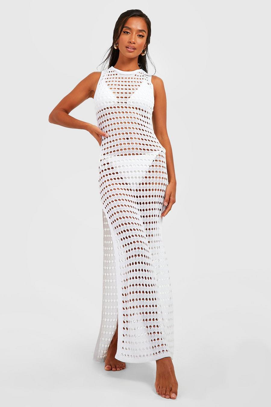 White Petite Recycled Crochet Maxi Beach Dress  image number 1