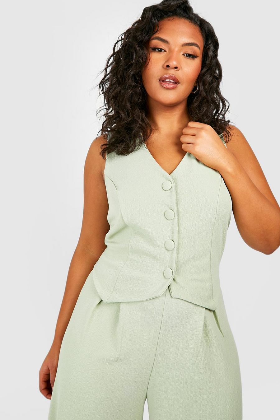 Sage green Plus Basic Jersey Self Fabric Button Waist Coat