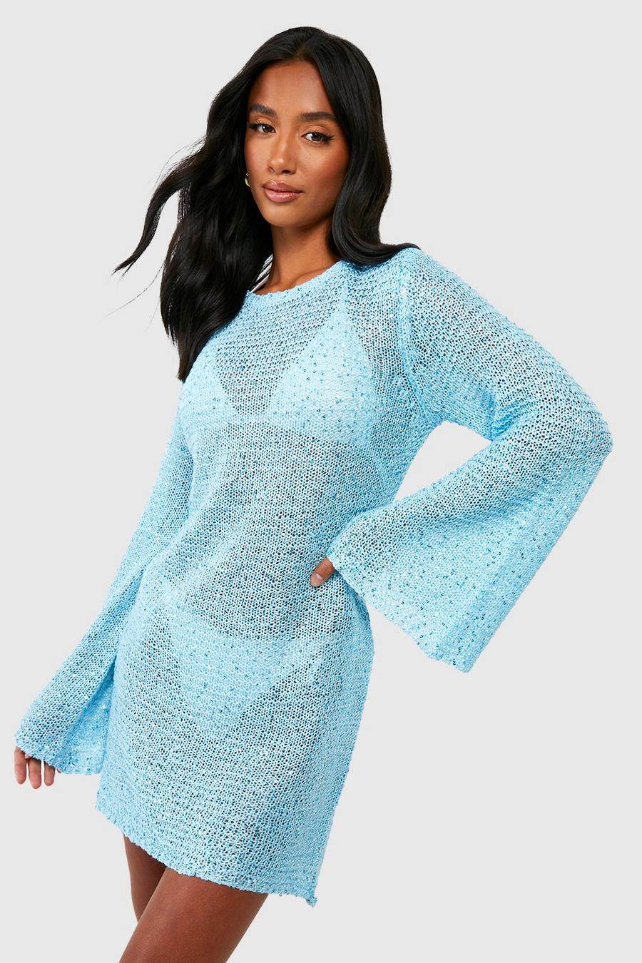 Blue Petite Sequin Crochet Flare Sleeve Mini PEPE Dress  image number 1
