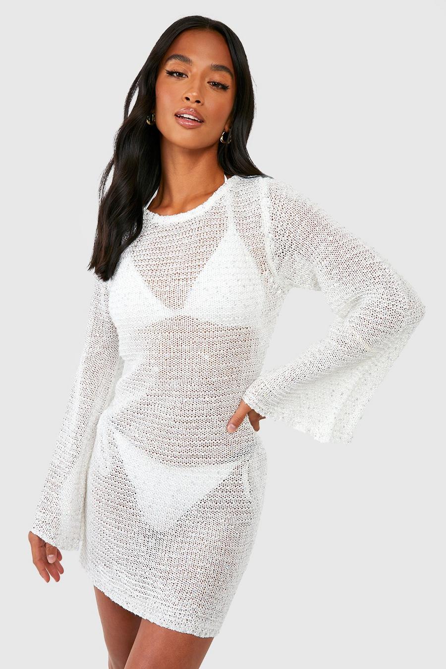 White Petite Sequin Crochet Flare Sleeve Mini Dress  image number 1