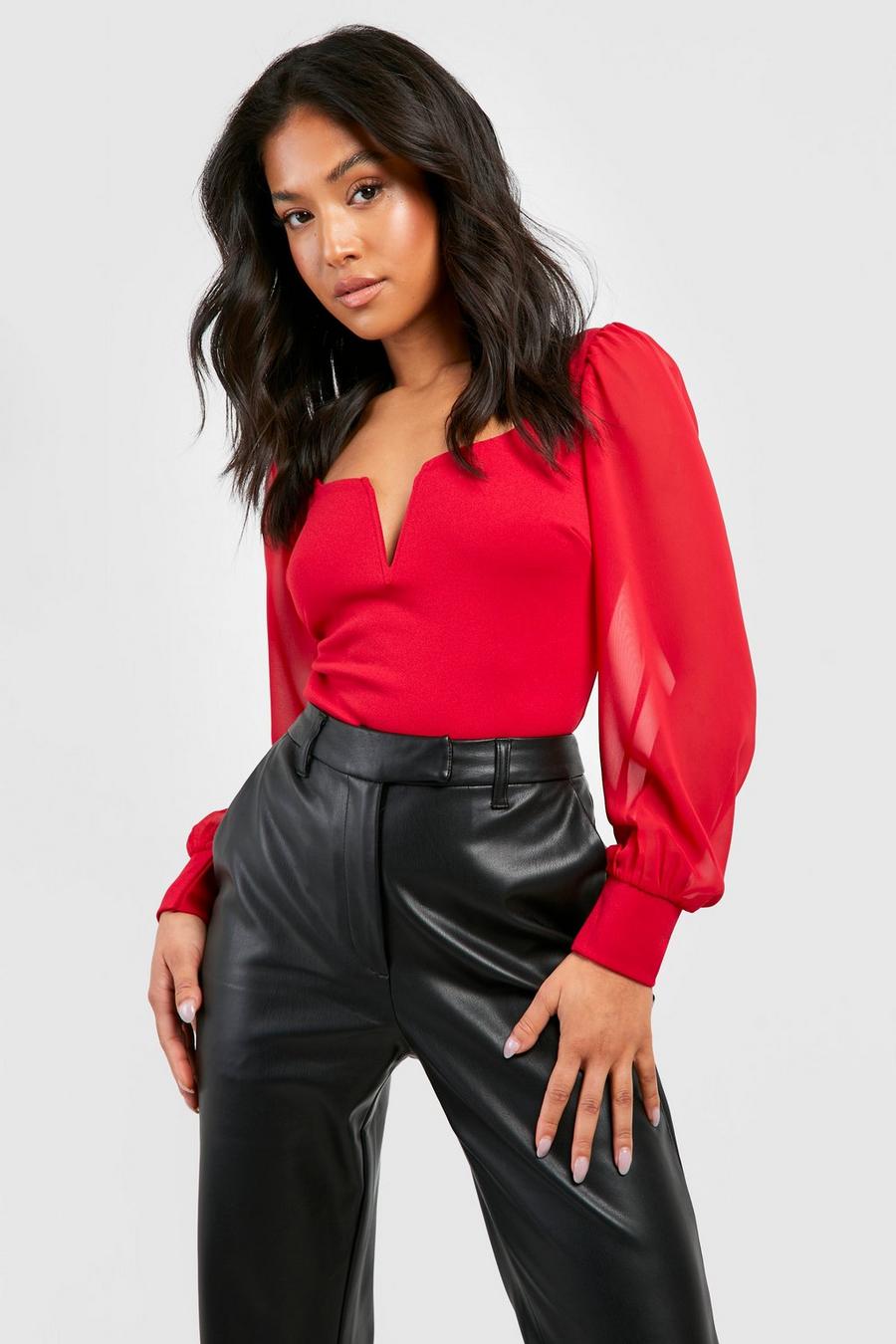 Red Petite V Front Chiffon Sleeve Cuffed Bodysuit image number 1